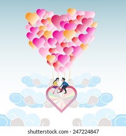 Lover on heart balloon flying among the cloud with blue sky,valentine concept
