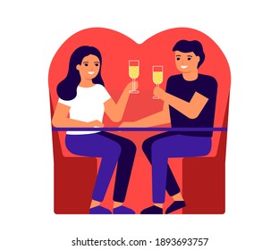 Lover people are meeting, sitting together at table, celebrate Valentines day. Happy couple dating, celebrate holiday, talk and eat. Family taste food at home, in restaurant or cafe. Vector