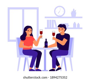 Lover people are meeting, sitting together at table at home, celebrate Valentines day. Happy couple dating, celebrate holiday, talk and eat. Family drink wine, taste food at home. Vector