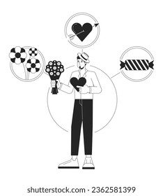 Lover person archetype bw concept vector spot illustration. Caucasian man with flowers and candies 2D cartoon flat line monochromatic character for web UI design. Editable isolated outline hero image