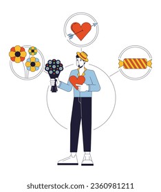 Lover person archetype flat line concept vector hero illustration. Caucasian man with flowers and candies 2D cartoon outline character on white for web UI design. Editable isolated color hero image