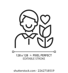 Lover pixel perfect linear icon. Creating relationship. Emotional person. Character archetype. Psychoanalytic theory. Thin line illustration. Contour symbol. Vector outline drawing. Editable stroke