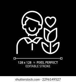 Lover pixel perfect white linear icon for dark theme. Creating relationship. Emotional person. Psychoanalytic theory. Thin line illustration. Isolated symbol for night mode. Editable stroke