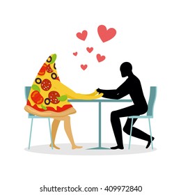 Lover pizza in cafe. Man and a slice of pizza sitting at table. food in restaurant. Pizza in dining room. Romantic date in public place. Romantic illustration life gourmet
