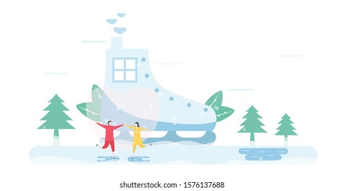 Lover plays ice skating. Scene is designed for winter season. Vector illustration is in flat style.