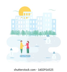 Lover plays ice skating. Scene is designed for winter season. Vector illustration is in flat style.
