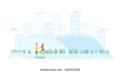 Lover plays ice skating. Scene is designed for winter season. Vector illustration is in flat style.