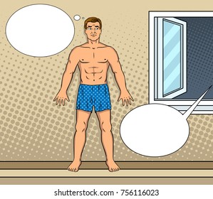 Lover in shorts hiding from husband on wall of house pop art retro vector illustration. Comic book style imitation.