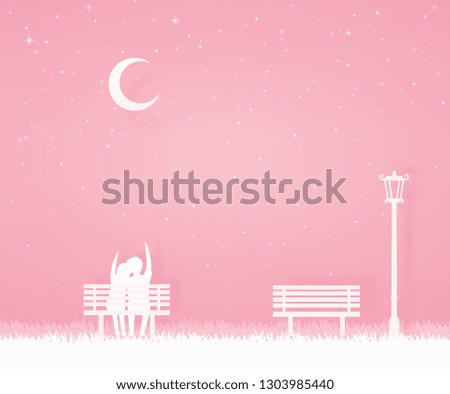 lover sit on the chair and looking to the crescent moon or shooting star. valentine card, paper art in pink and white background.