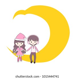 lover sit on the moon heart . valentine card. wedding card