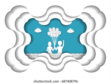 The lover is sitting on the ground and holding balloon. Paper art style.