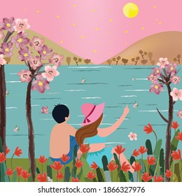 A lover sitting in river park on the night,illustration vector doodle comicart.