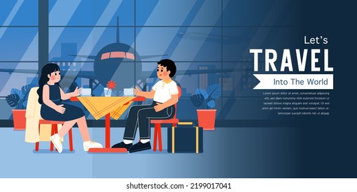 Lover Sitting And Waiting In Cafe At Sirport Terminal At Night, Template, Vector, Illustration