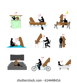 Lover skateboarding set. Man and Skateboard movie theater. Lovers in bath. Romantic rendezvous. boat. person sitting on bench. Joint walk. tandem. Breakfast cafe. Picnic. sleeping bed. extreme sport