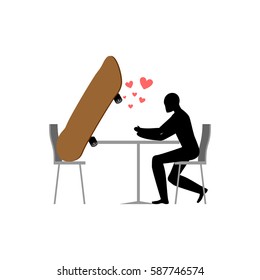 Lover skateboarding. Skateboard and guy in cafe. Lovers in restaurant. Romantic date. Love extreme sports