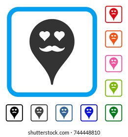 Lover Smiley Map Marker icon. Flat gray pictogram symbol inside a blue rounded squared frame. Black, gray, green, blue, red, orange color versions of Lover Smiley Map Marker vector.