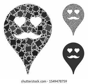 Lover smiley map marker mosaic of unequal elements in various sizes and color tinges, based on lover smiley map marker icon. Vector uneven elements are combined into mosaic.