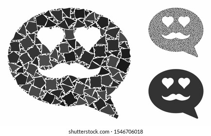 Lover smiley message mosaic of abrupt parts in different sizes and shades, based on lover smiley message icon. Vector abrupt pieces are grouped into composition.