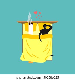 Lover smoke. Man and cigarette in bed. ciggy Smoking in bedstead. Nicotine lovers after sex. Romantic illustration of smoking
