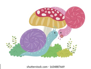 Lover snails on mushroom vector illustration cartoon. Cute snails cartoon. Valentine sweet snails cartoon. 
