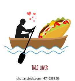 Lover taco. Man and fastfood and ride in boat. Lovers of sailing. Man rolls Mexican food on gondola. Appointment of food in boat on pond. Romantic illustration feed
