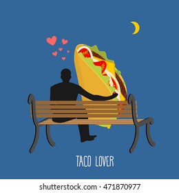 Lover taco. Mexican food and people are looking at moon. Date night. Man and meal sitting on bench. Month in dark sky. Romantic illustration feed