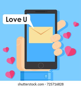 Lover texting. Send a confession of love. Phone in hand with letter and heart . Vector flat illustration