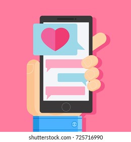 Lover texting. Send a confession of love. Phone in hand with letter and heart . Vector flat illustration