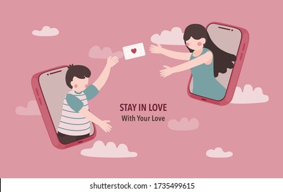 Lover Use Social Media for Connection During Times of Social Distancing,vector, Illustration, love, Valentine