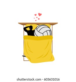 Lover volleyball. Guy and ball in bed. Lovers in Bedroom. Romantic date. Love sport play game 