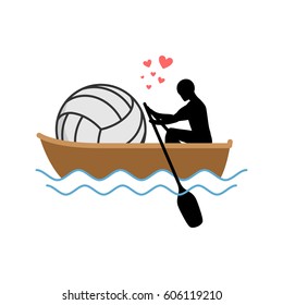 Lover Volleyball. Guy and ball ride in boat. Lovers of sailing. Romantic date. Love sport play game 
