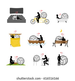 Lover volleyball set. Man and ball in movie theater. Lovers bath. Romantic rendezvous. boat. person sitting on bench. Joint walk. Cycling tandem. Breakfast cafe. Picnic. sleeping bed. love sport game