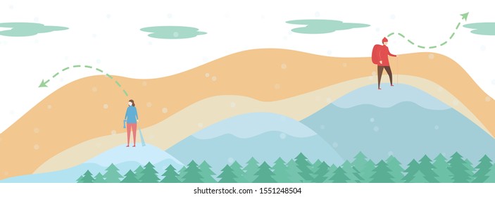 Lover walk in the opposite direction. Couple of love design for winter season. Vector illustration in flat style.