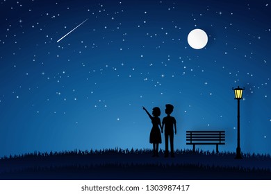 lover walking in the garden and looking to the moon or shooting star. valentine card, paper art in night sky or blue background.