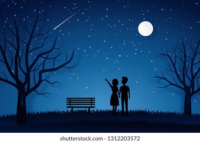 lover walking in the garden and looking to the moon or shooting star. valentine card, paper art in night sky or blue background.