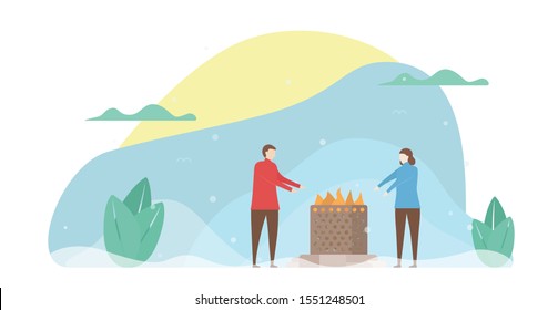 Lover is warming by the fire in the field of park. Couple of love design for winter season. Vector illustration in flat style.