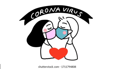 Lover Wearing Face Mask Kissing Under Coronavirus Sign