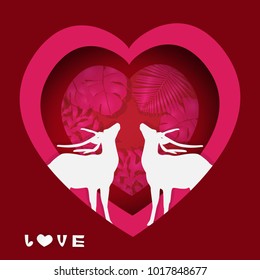  Lover white deer  paper and tropical floral  spring summer collection,Valentine's day ,vector illustration