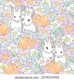 A lover white hare rabbit in flower forest seamless background