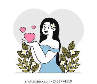 Concepto de mujer amante. Joven con corazones en las manos. Autoestima y amor. Sentimientos positivos y emociones. Persona con confianza en sí misma. Ilustración vectorial plana lineal aislada sobre fondo blanco