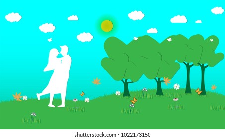 Lover,Men and Women with Green meadow and blue sky