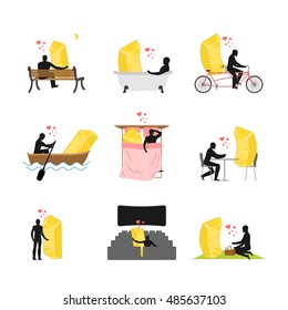 Loverr gold set. Love of Golden bullion collection. Man and wealth in cinema. Lovers in bath. Romantic date. Boating. Joint walk. Cycling tandem. Breakfast in cafe. Picnic in the park

