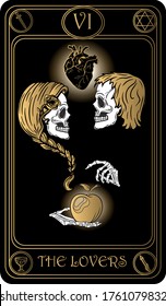 The Lovers. The 6th card of Major arcana black and gold tarot cards. Tarot deck. Vector hand drawn illustration with skulls, occult, mystical and esoteric symbols.