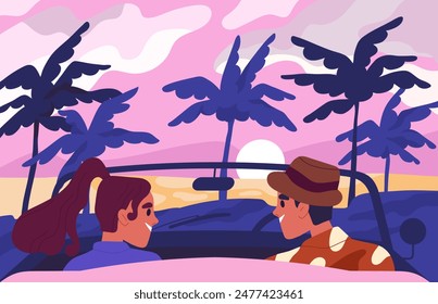 Lovers admire sunset concept. Man and woman sits at car and watch at sunrise. Romantic meeting and date outdoors. Couple with trip. Graphic element for website. Cartoon flat vector illustration