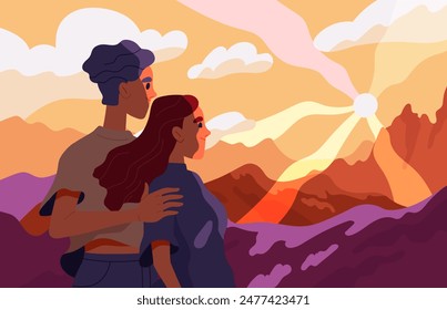 Lovers admire sunset concept. Man and woman stands and watch at sunrise. Romantic meeting and date outdoors. Couple and pair with hiking. Poster or banner. Cartoon flat vector illustration