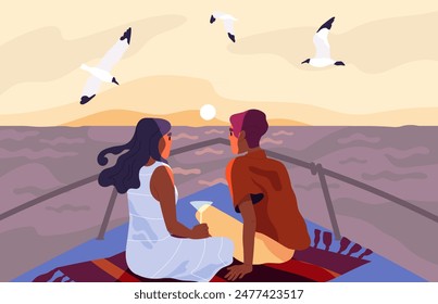 Lovers admire sunset concept. Man and woman sits at yacht and watch at sunrise. Romantic meeting and date outdoors. Couple and pair with travel. Social media cover. Cartoon flat vector illustration