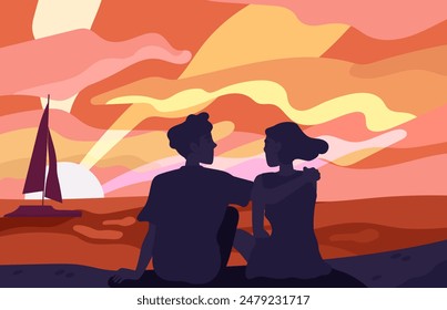 Lovers admire sunset concept. Man and woman sits at beach and watch at sunrise. Romantic meeting and date outdoors. Couple and pair with travel in tropical country. Cartoon flat vector illustration