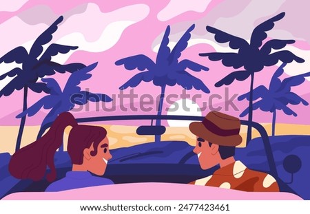 Lovers admire sunset concept. Man and woman sits at car and watch at sunrise. Romantic meeting and date outdoors. Couple with trip. Graphic element for website. Cartoon flat vector illustration