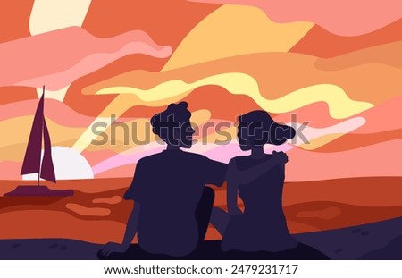 Lovers admire sunset concept. Man and woman sits at beach and watch at sunrise. Romantic meeting and date outdoors. Couple and pair with travel in tropical country. Cartoon flat vector illustration