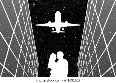  Lovers in airport at night. Vector illustration with silhouette of loving couple and flying aircraft under starry sky. Black and White